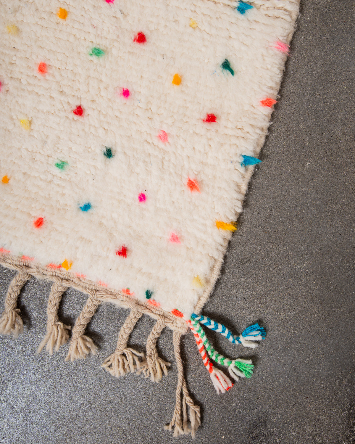Modern, designer, handcrafted Berber rug from Morocco. Beniourain carpet with beautiful colours and patterns and fluffy wool texture.